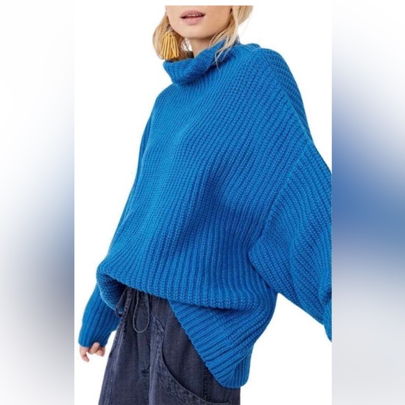 Free People Swim Too Deep Oversized Mock Neck Sweater in Mykonos Blue Size L - Picture 10 of 11